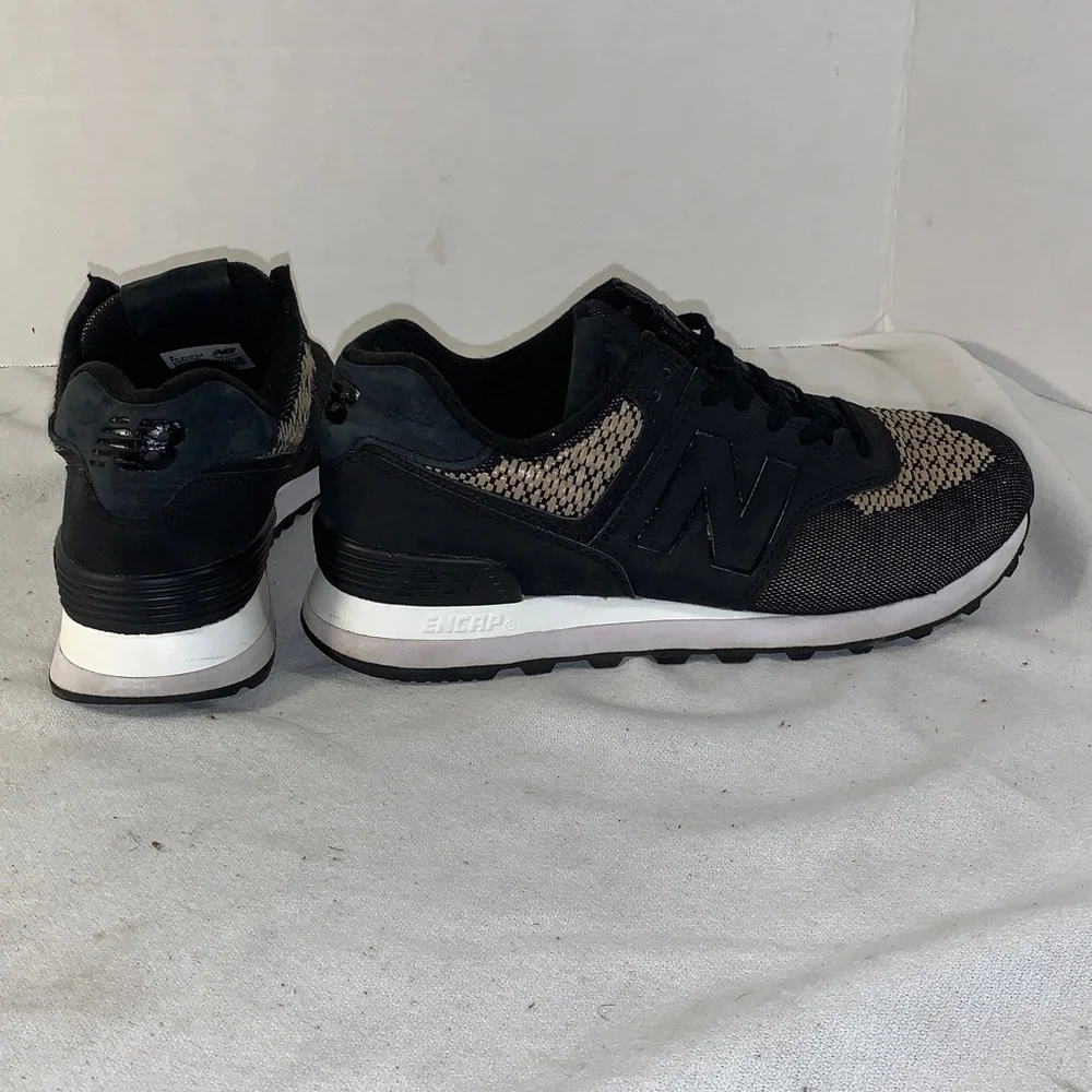 New Balance Women’s 574 Tech Raffia Black and Beige Knit Accent Sneakers